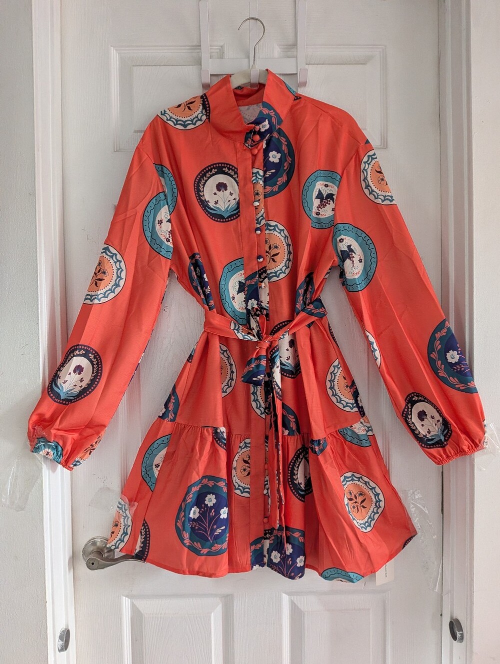 Commense Printed Belted Cotton Linen Long Sleeve Mini Dress - Picture 10 of 16